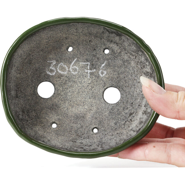 Oval blue with green bonsai pot by Bunzan - 122 x 104 x 40 mm