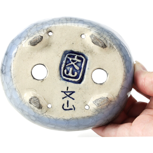 Pot à bonsaï ovale bleu et vert par Bunzan - 122 x 104 x 40 mm