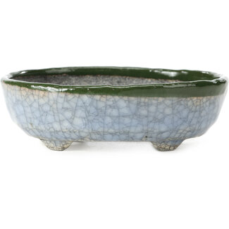 Bunzan 130 mm oval blue with green bonsai pot by Bunzan, Tokoname, Japan