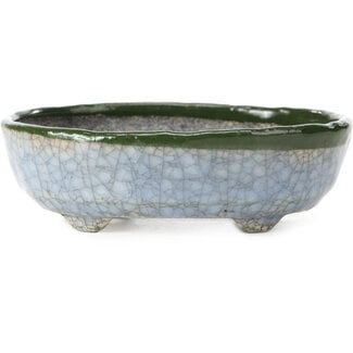  Bunzan 130 mm oval blue with green bonsai pot by Bunzan, Tokoname, Japan