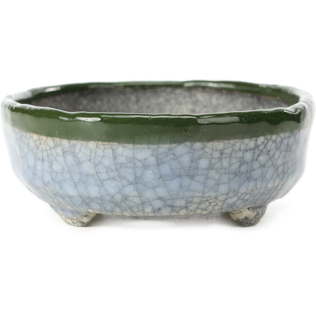Ovale blaue mit grüner Bonsaischale von Bunzan - 130 x 107 x 43 mm