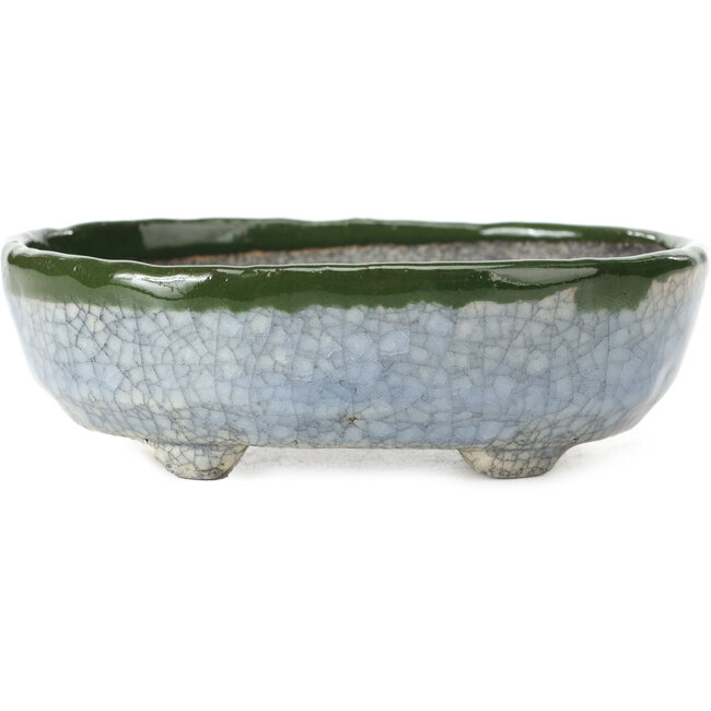Ovale blaue mit grüner Bonsaischale von Bunzan - 130 x 107 x 43 mm