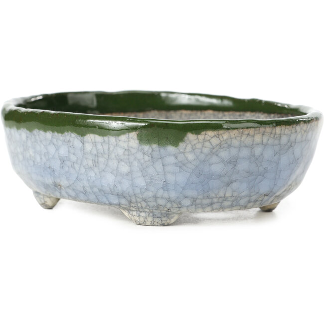 Ovale blaue mit grüner Bonsaischale von Bunzan - 130 x 107 x 43 mm