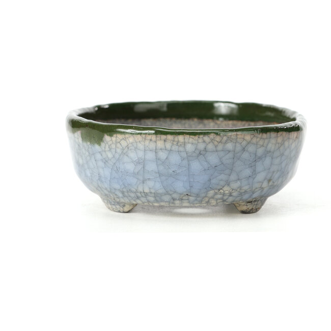 Oval blue with green bonsai pot by Bunzan - 130 x 107 x 43 mm