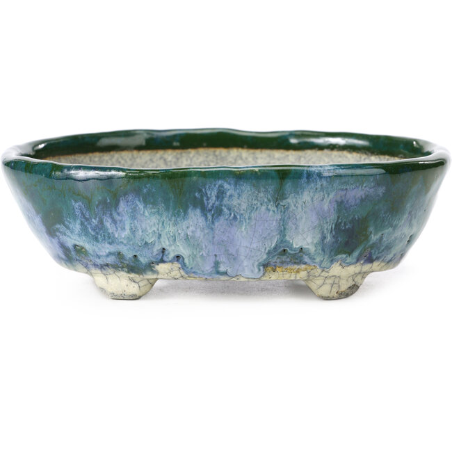 Pot à bonsaï ovale bleu et vert par Bunzan - 143 x 115 x 45 mm