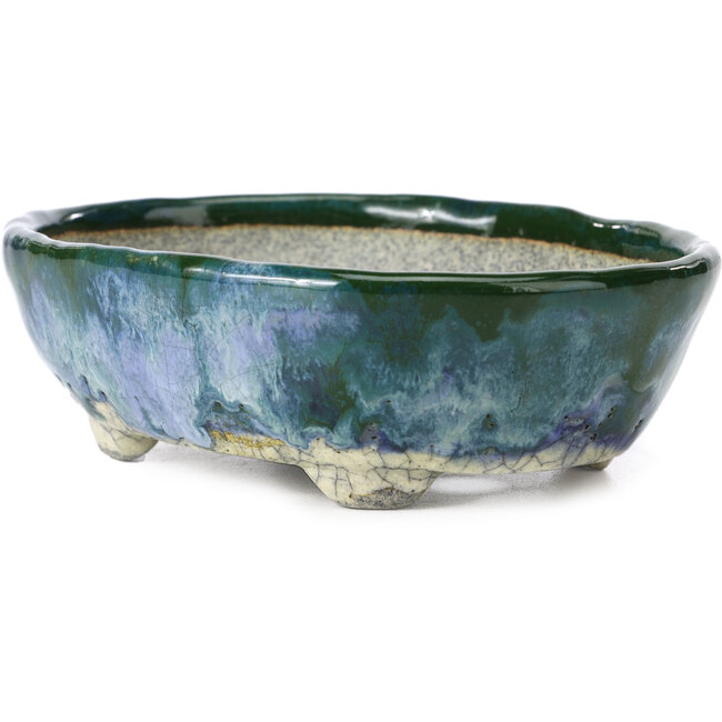 Ovale blaue mit grüner Bonsaischale von Bunzan - 143 x 115 x 45 mm