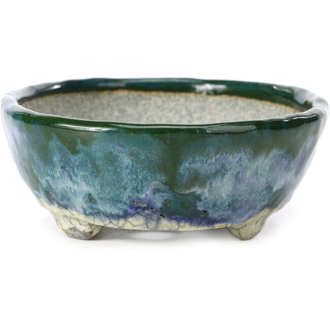 Oval blue with green bonsai pot by Bunzan - 143 x 115 x 45 mm