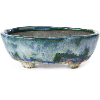 Bunzan 115 mm oval blue with green bonsai pot by Bunzan, Tokoname, Japan