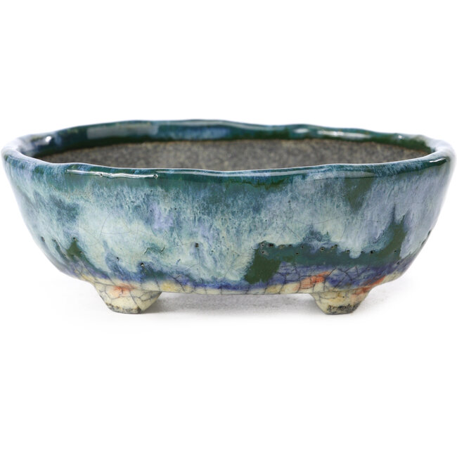 Pot à bonsaï ovale bleu et vert par Bunzan - 115 x 100 x 40 mm