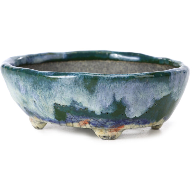 Ovale blaue mit grüner Bonsaischale von Bunzan - 115 x 100 x 40 mm