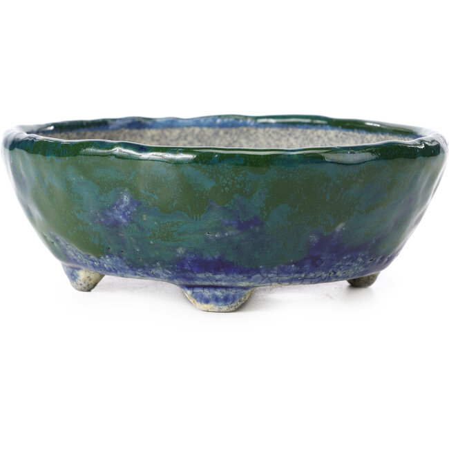 Pot à bonsaï ovale bleu et vert par Bunzan - 146 x 125 x 50 mm