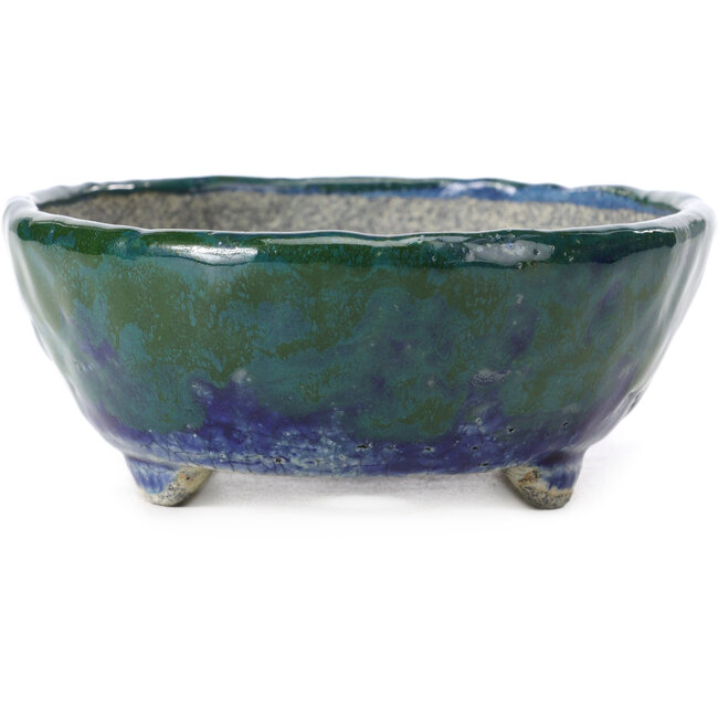 Oval blue with green bonsai pot by Bunzan - 146 x 125 x 50 mm