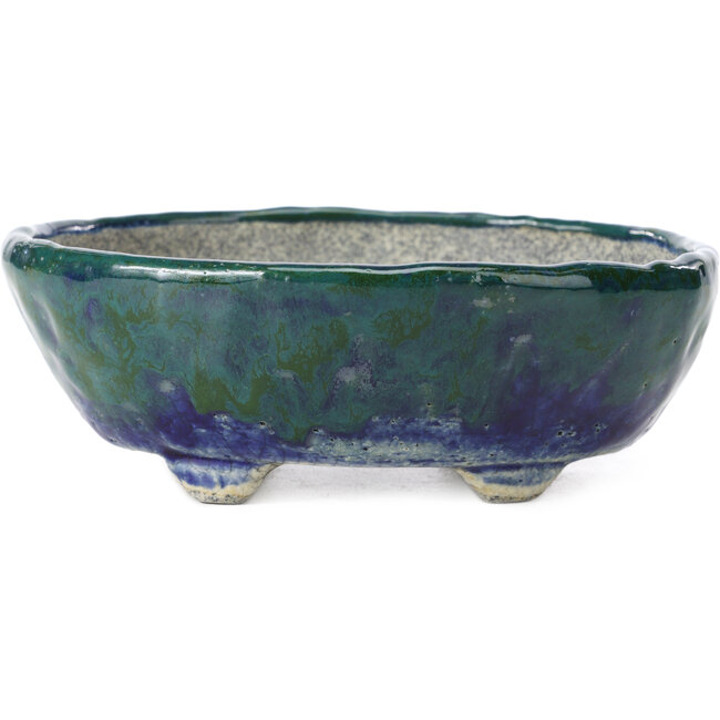 Pot à bonsaï ovale bleu et vert par Bunzan - 146 x 125 x 50 mm