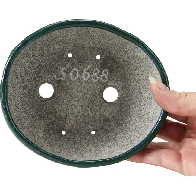 Oval blue with green bonsai pot by Bunzan - 146 x 125 x 50 mm