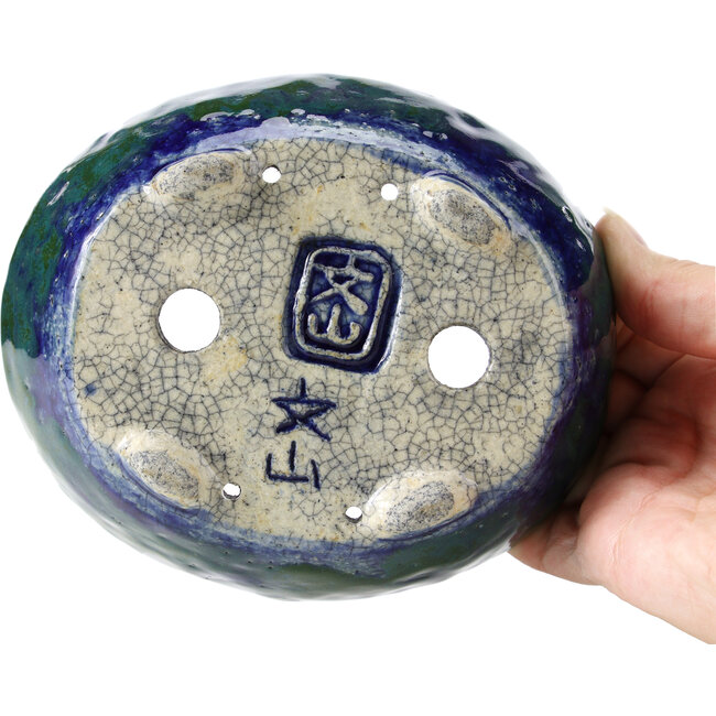 Ovaal blauw met groene bonsai pot van Bunzan - 146 x 125 x 50 mm