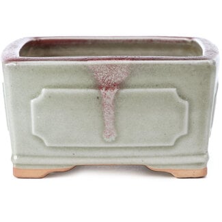 Bigei - Hirata Atsumi 105 mm square green and red bonsai pot by Bigei, Tokoname, Japan