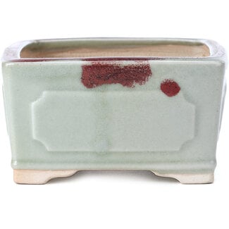 Bigei - Hirata Atsumi 105 mm square green and red bonsai pot by Bigei, Tokoname, Japan