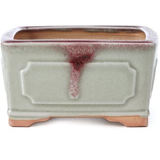 Bigei - Hirata Atsumi 105 mm square green and red bonsai pot by Bigei, Tokoname, Japan