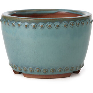 Bigei - Hirata Atsumi 95 mm round turquoise bonsai pot by Bigei, Tokoname, Japan