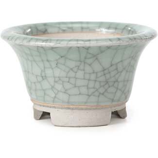 Bigei - Hirata Atsumi 73 mm runde blaue Craquelé-Bonsaischale von Bigei, Tokoname, Japan