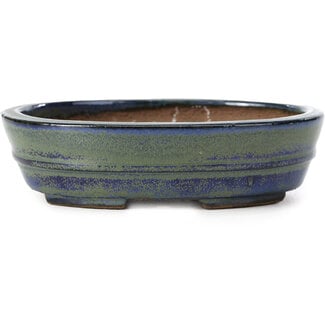 Shibakatsu (Katsuichi Shibata) 125 mm oval blue and green bonsai pot by Shibakatsu, Tokoname, Japan