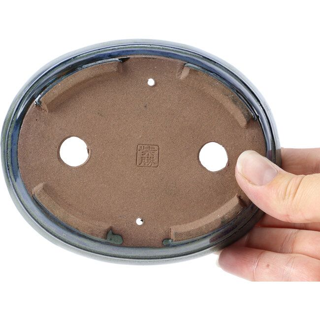 Oval blue and green bonsai pot by Shibakatsu - 125 x 100 x 34 mm