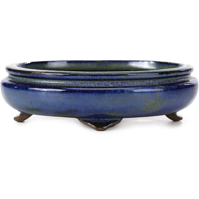 Pot à bonsaï ovale bleu et vert par Shibakatsu - 137 x 114 x 40 mm