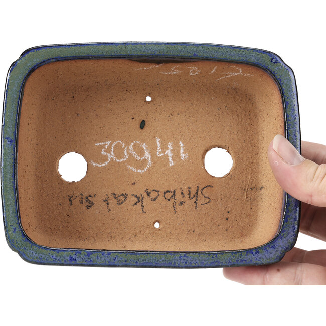Rectangular blue and green bonsai pot by Shibakatsu - 146 x 111 x 45 mm