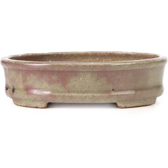 Oval red and beige bonsai pot by Hattori - 128 x 101 x 74 mm