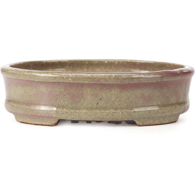 Oval red and beige bonsai pot by Hattori - 128 x 101 x 74 mm