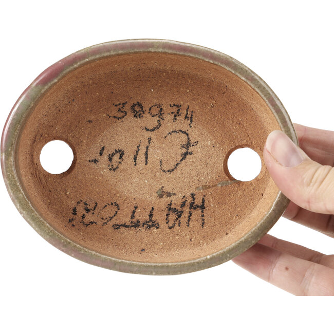 Pot à bonsaï ovale rouge et beige par Hattori - 128 x 101 x 74 mm