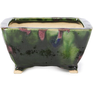 Shouzan  (Akira/Masami Watanabe) 126 mm square green and multicolor bonsai pot by Shozan, Japan