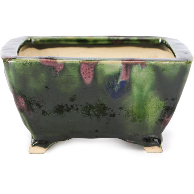 Pot à bonsaï carré vert et multicolore par Shozan - 126 x 123 x 64 mm