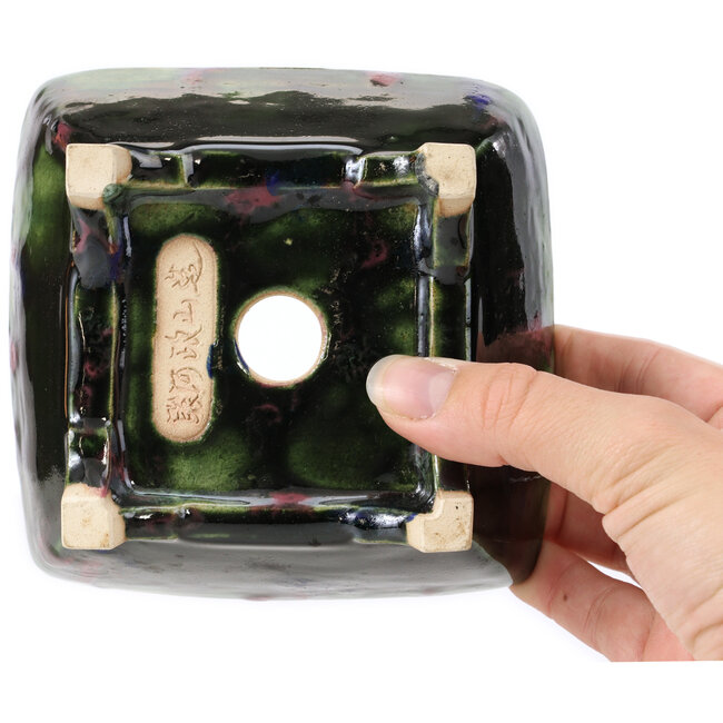 Quadratische grüne und mehrfarbige Bonsaischale von Shozan - 126 x 123 x 64 mm