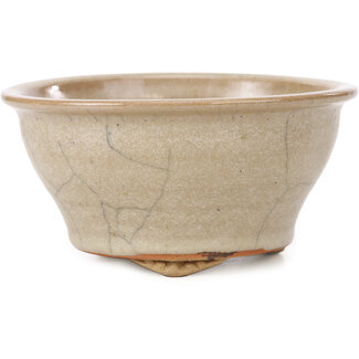 Kakuzan 134 mm ronde beige craquelé bonsai pot van Kakuzan, Tokoname, Japan