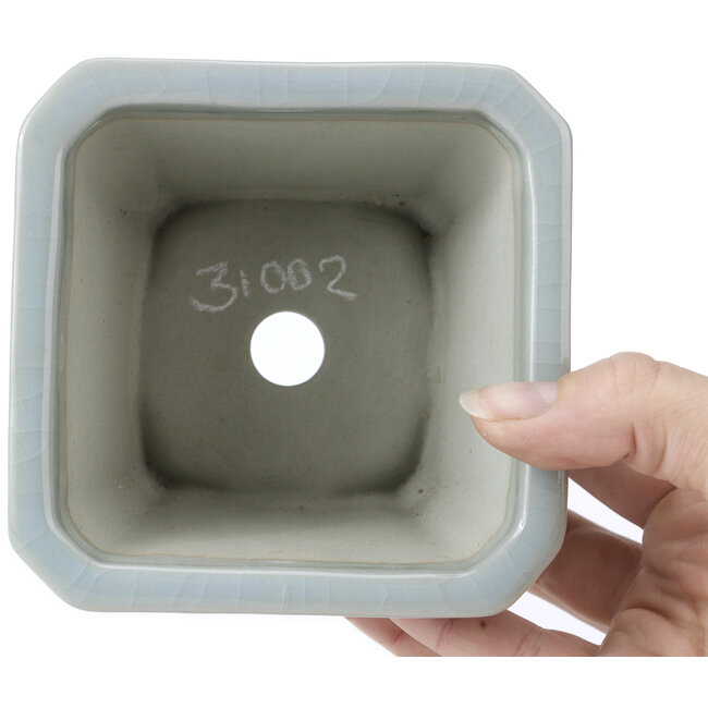 Square blue craquelé bonsai pot by Tosui - 110 x 110 x 70 mm