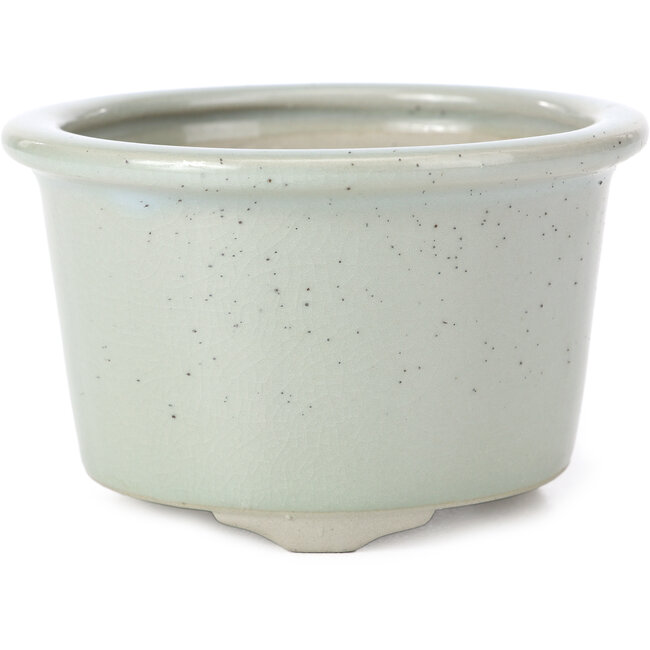 Rond lichtblauw met zwarte stippen en craquelé bonsaipot van Tosui - 113 x 113 x 72 mm