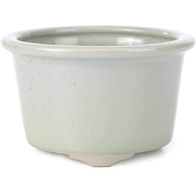 Runde blassblaue Bonsaischale mit schwarzen Flecken und Craquelé von Tosui - 113 x 113 x 72 mm