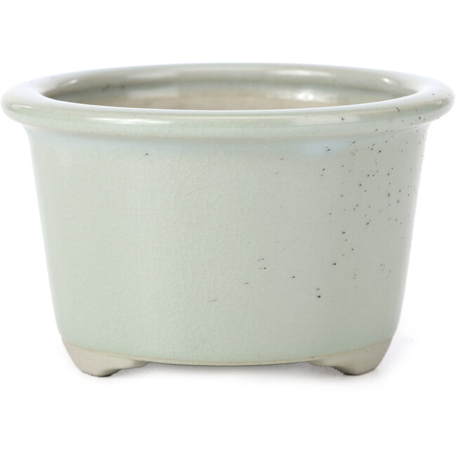 Vaso bonsai tondo azzurro con macchie nere e craquelé di Tosui - 113 x 113 x 72 mm