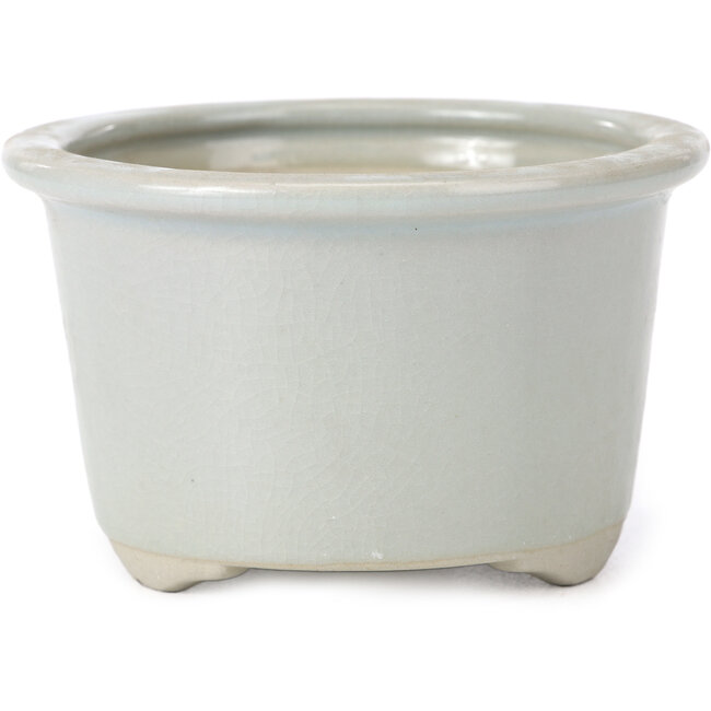 Round pale grey craquelé bonsai pot by Tosui - 113 x 113 x 72 mm