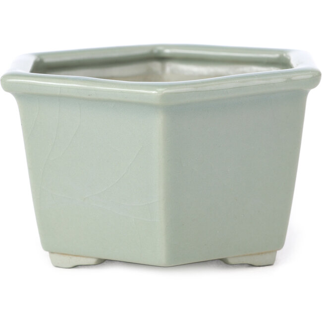 Hexagonal pale blue with craquelé bonsai pot by Tosui - 125 x 106 x 68 mm