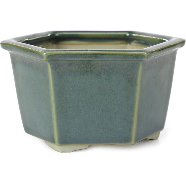 Hexagonal ocean green bonsai pot by Tosui - 125 x 106 x 68 mm