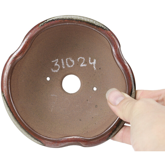 Runde rote und braune Bonsaischale von Koishiwara - 127 x 123 x 44 mm