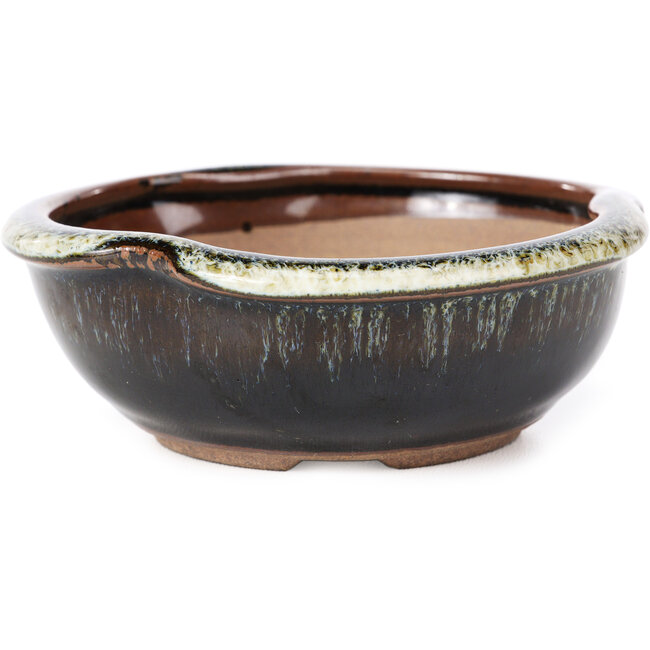 Round black brown with white spots bonsai pot by Koishiwara - 127 x 123 x 44 mm