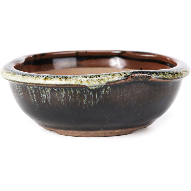 Runde schwarzbraune Bonsaischale mit weißen Flecken von Koishiwara - 127 x 123 x 44 mm