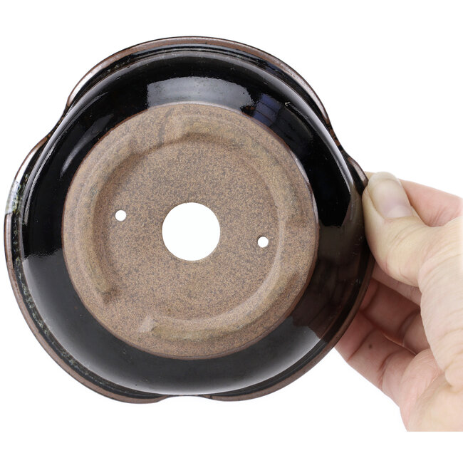 Round black brown with white spots bonsai pot by Koishiwara - 127 x 123 x 44 mm