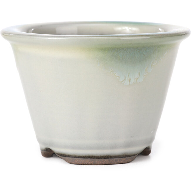 Vaso bonsai rotondo bianco con macchie verdi blu di Koishiwara - 105 x 105 x 72 mm