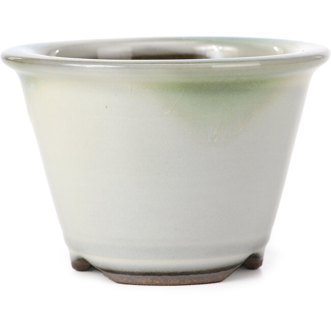 Round white with green blue stains bonsai pot by Koishiwara - 105 x 105 x 72 mm