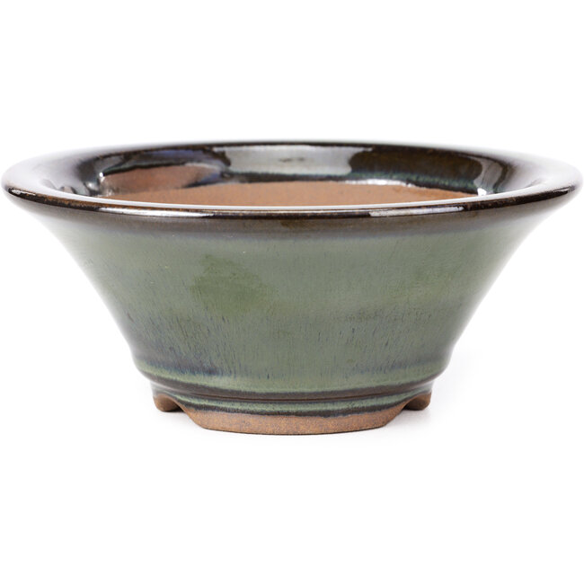 Round green bonsai pot by Koishiwara - 152 x 152 x 62 mm