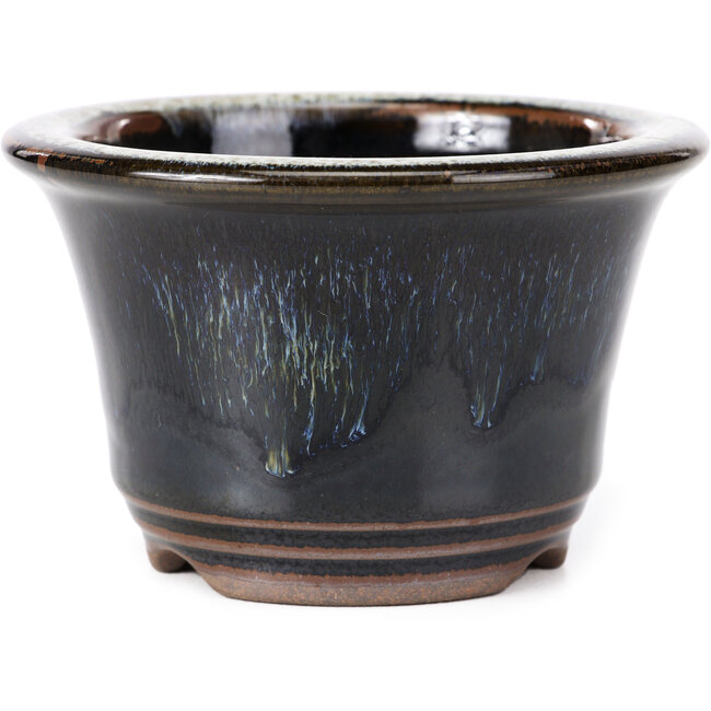 Round black brown with white spots bonsai pot by Koishiwara - 118 x 118 x 78 mm